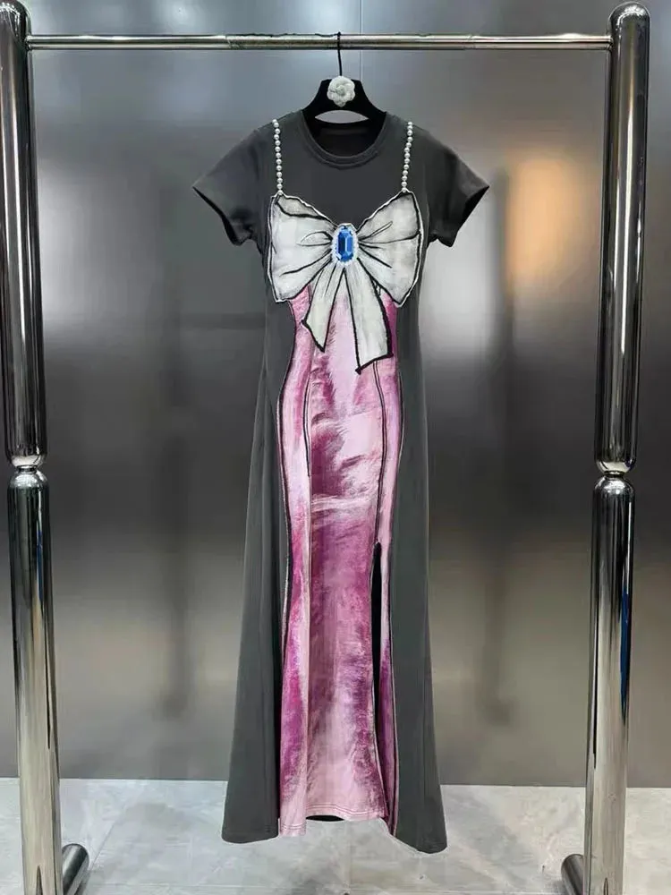 Women's Elegant Pearl Bow Maxi Split Dress