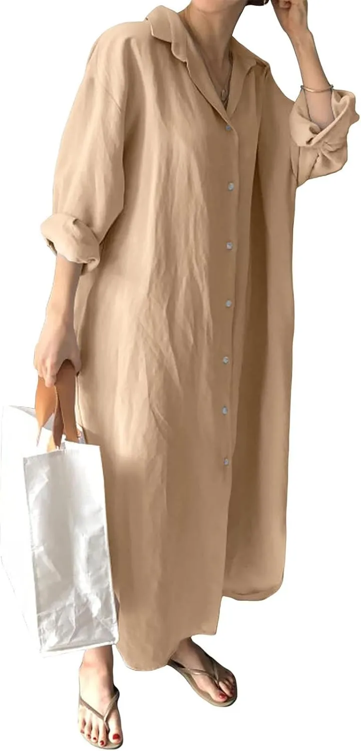 Womens Linen Shirt Dress Summer Lapel Button Down Long Sleeve Midi Dresses Lightweight Breathable Split Hem Sundress