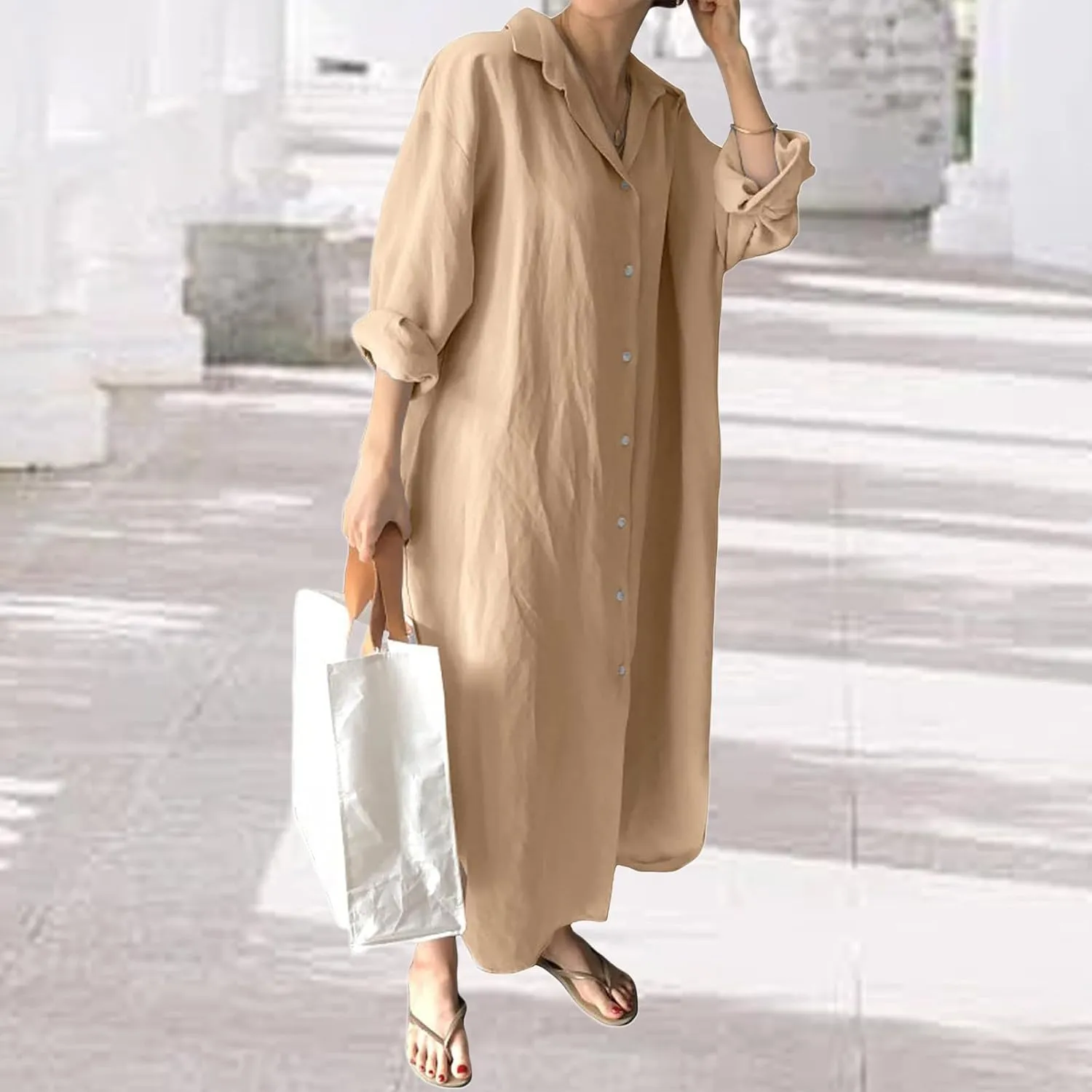 Womens Linen Shirt Dress Summer Lapel Button Down Long Sleeve Midi Dresses Lightweight Breathable Split Hem Sundress