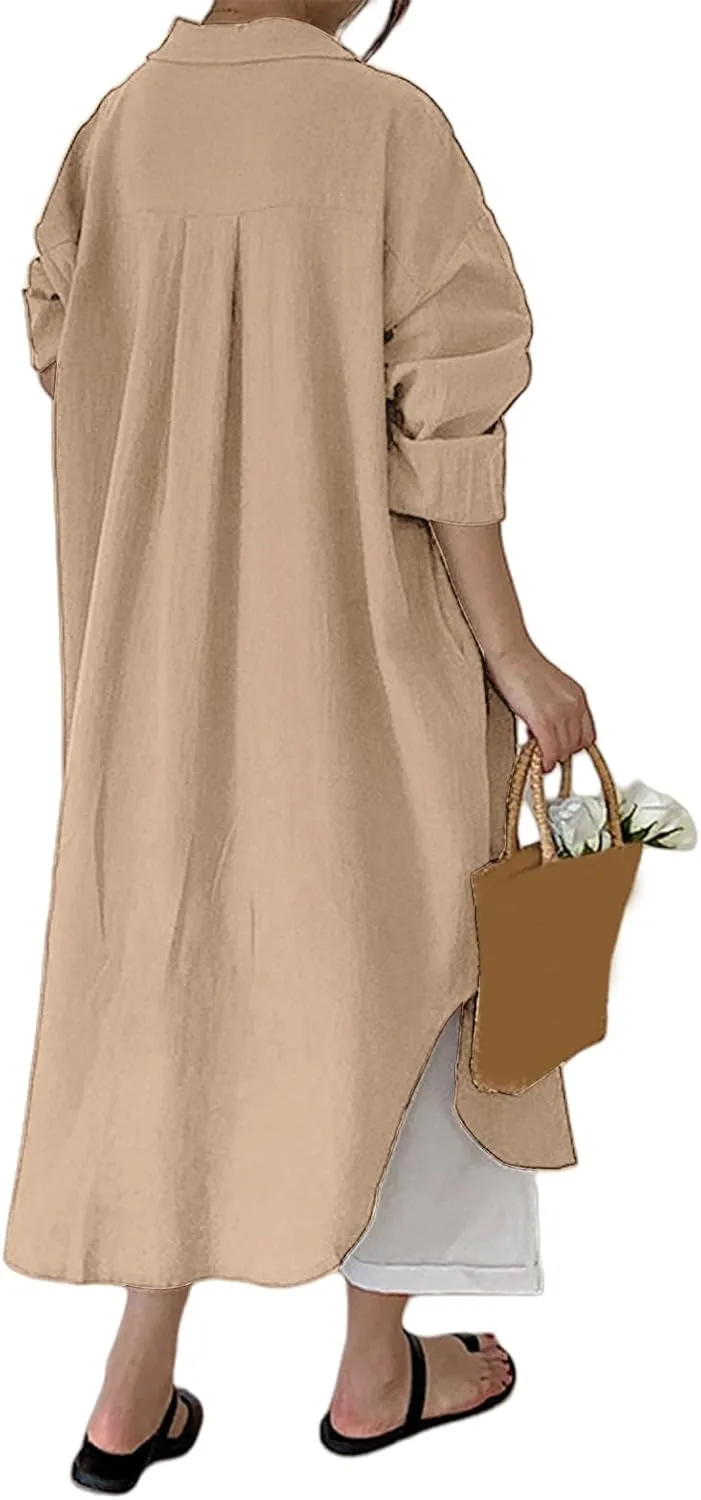 Womens Linen Shirt Dress Summer Lapel Button Down Long Sleeve Midi Dresses Lightweight Breathable Split Hem Sundress