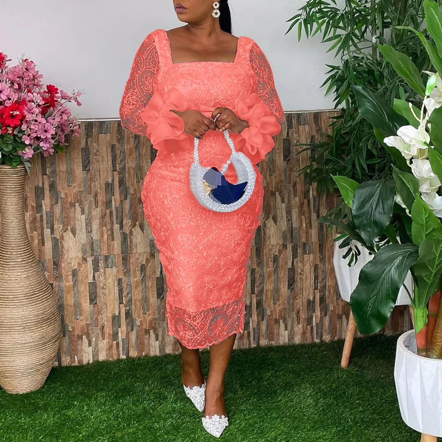 Women's Sexy Floral Lace Long Sleeve Elegant Bodycon Midi Dress Formal Party Cocktail Dress