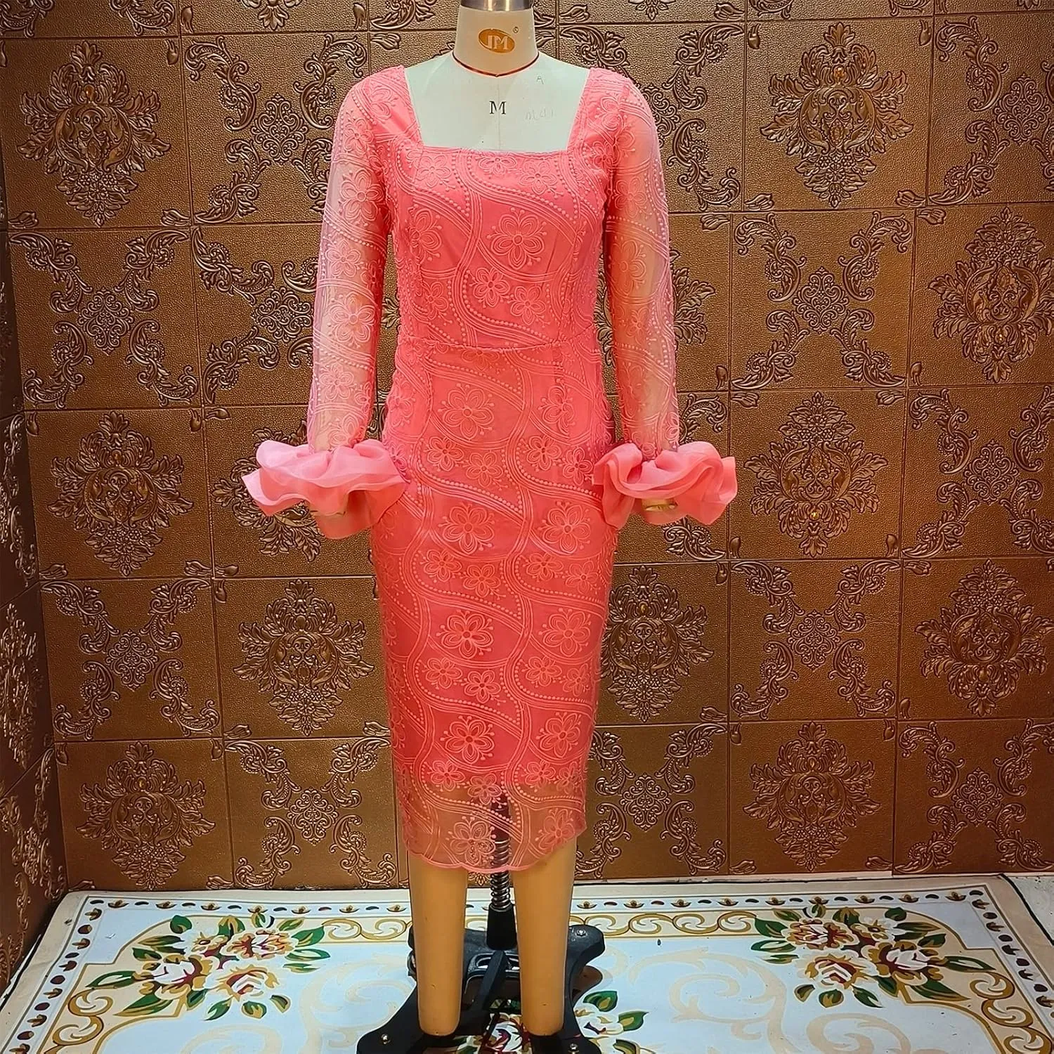 Women's Sexy Floral Lace Long Sleeve Elegant Bodycon Midi Dress Formal Party Cocktail Dress