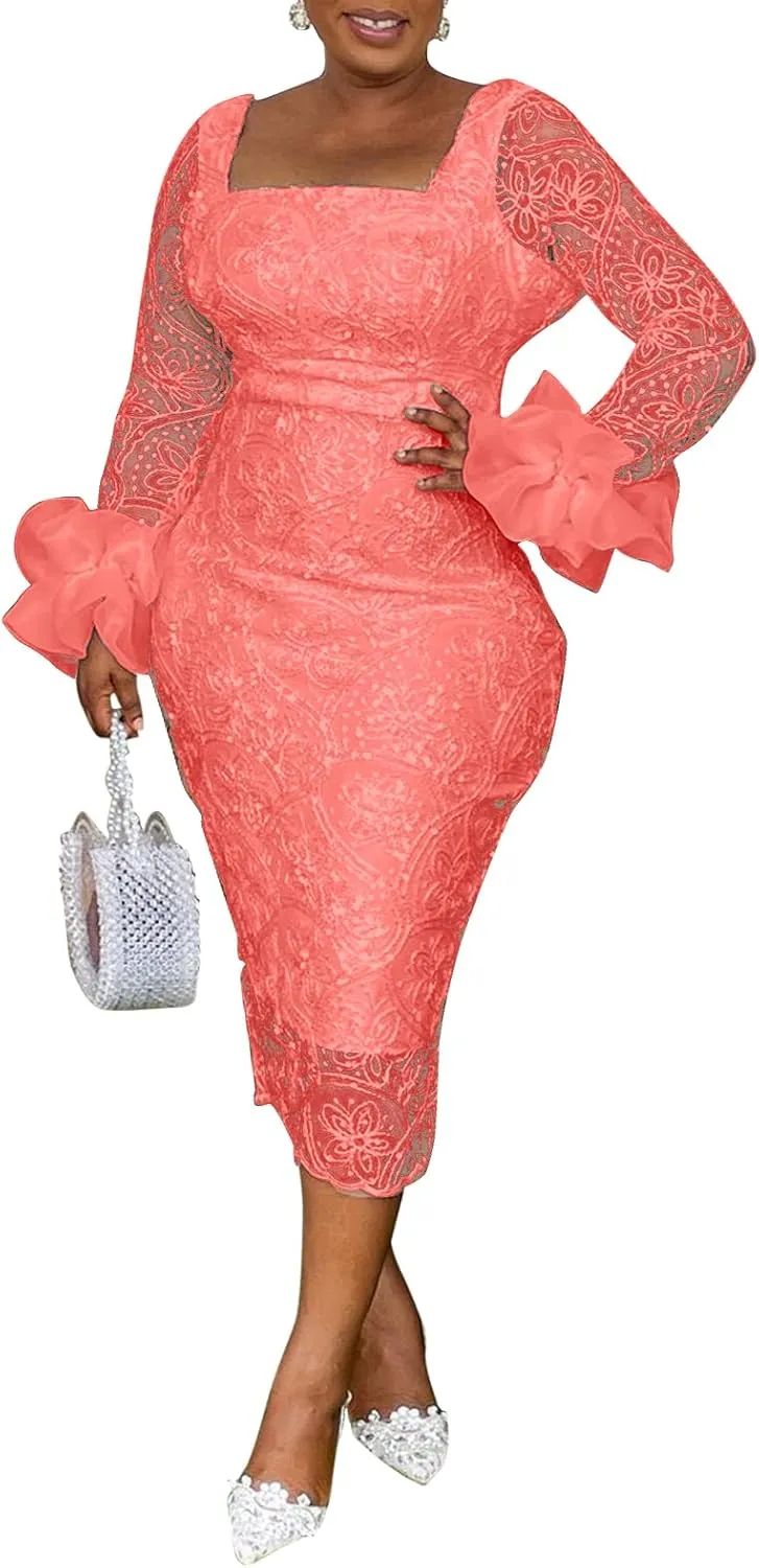Women's Sexy Floral Lace Long Sleeve Elegant Bodycon Midi Dress Formal Party Cocktail Dress