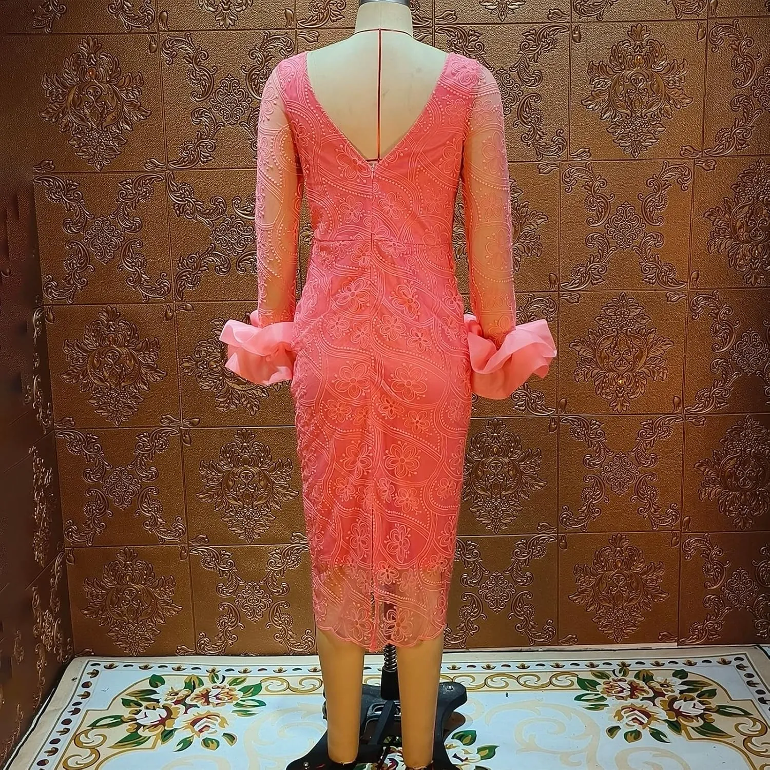 Women's Sexy Floral Lace Long Sleeve Elegant Bodycon Midi Dress Formal Party Cocktail Dress