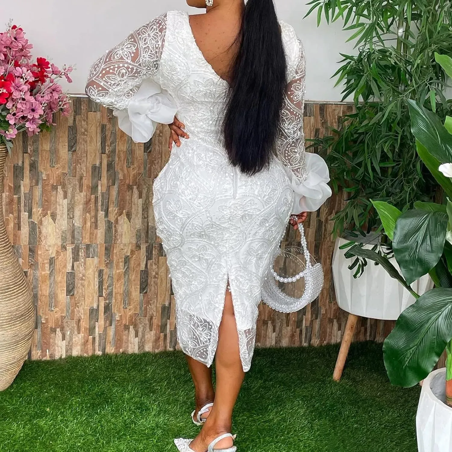 Women's Sexy Floral Lace Long Sleeve Elegant Bodycon Midi Dress Formal Party Cocktail Dress