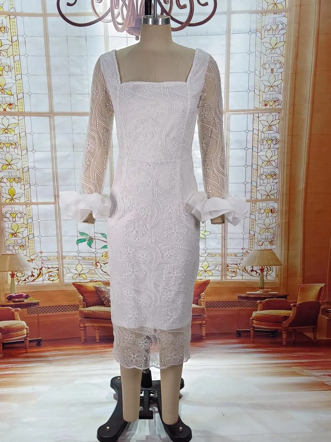 Women's Sexy Floral Lace Long Sleeve Elegant Bodycon Midi Dress Formal Party Cocktail Dress