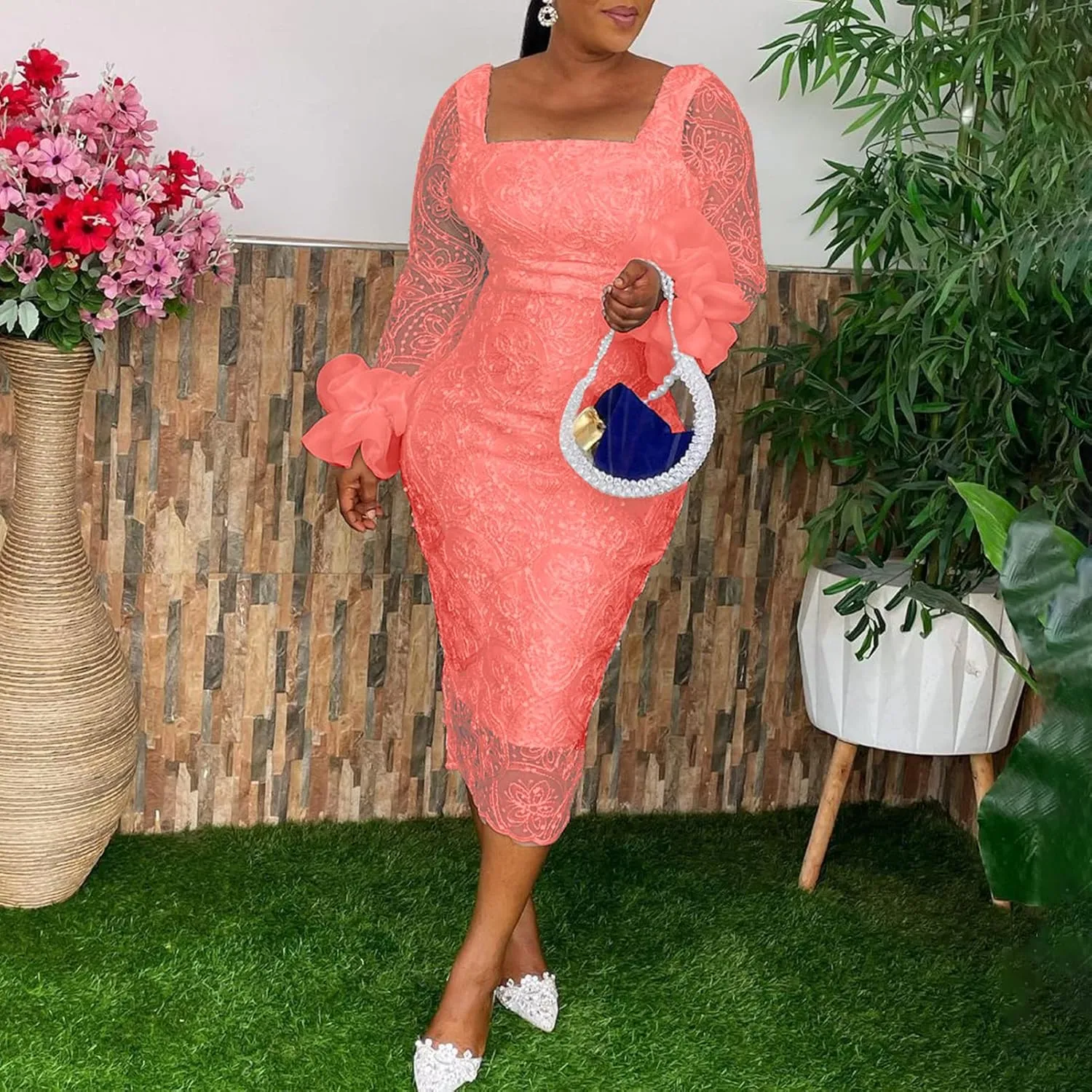 Women's Sexy Floral Lace Long Sleeve Elegant Bodycon Midi Dress Formal Party Cocktail Dress