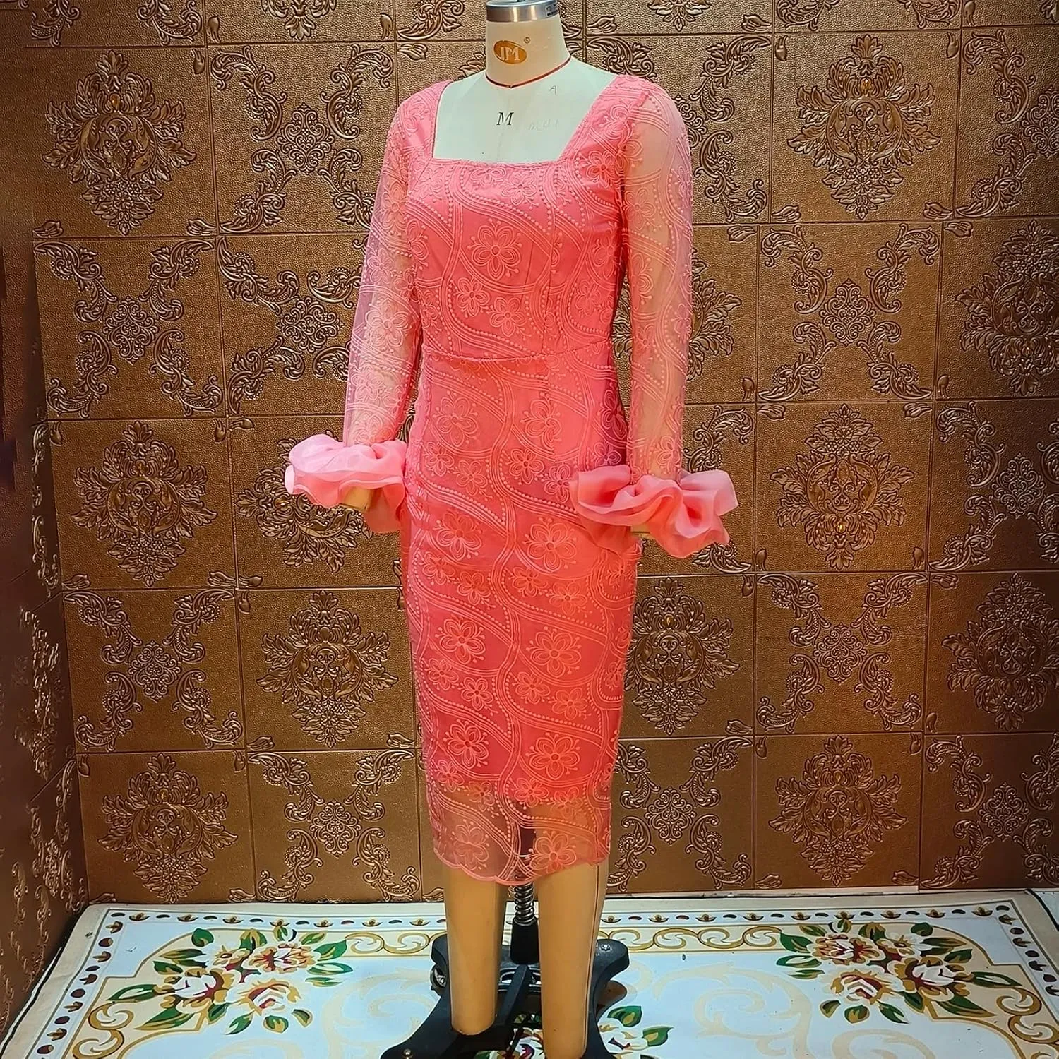 Women's Sexy Floral Lace Long Sleeve Elegant Bodycon Midi Dress Formal Party Cocktail Dress