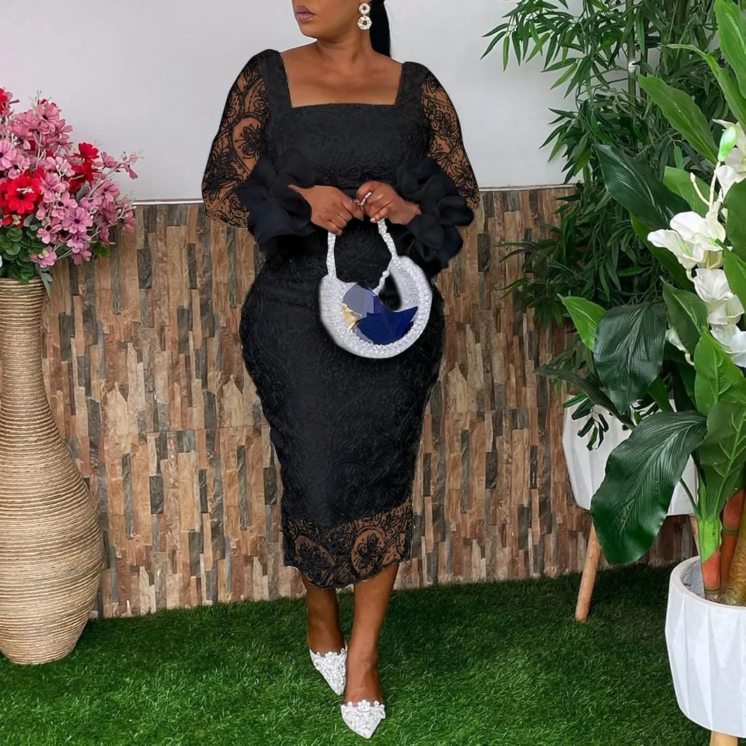 Women's Sexy Floral Lace Long Sleeve Elegant Bodycon Midi Dress Formal Party Cocktail Dress