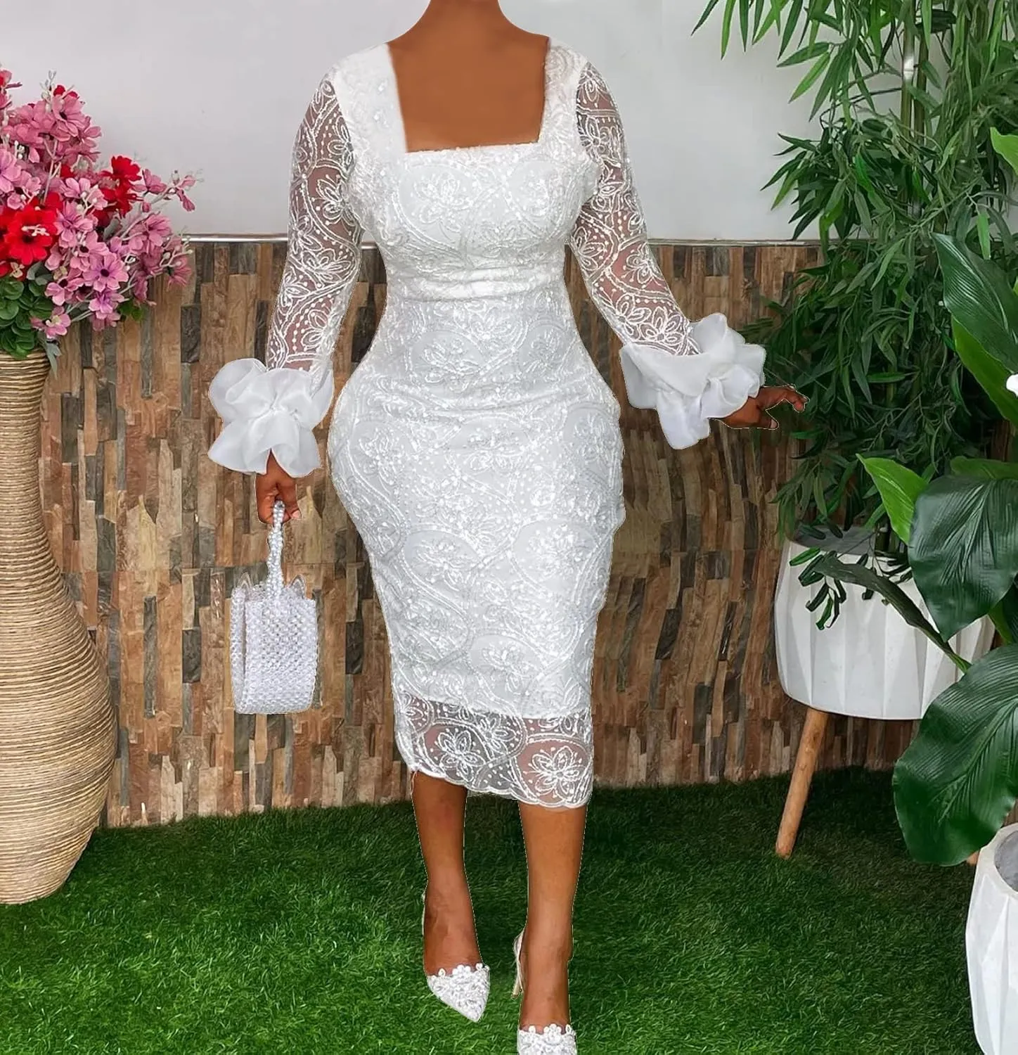 Women's Sexy Floral Lace Long Sleeve Elegant Bodycon Midi Dress Formal Party Cocktail Dress