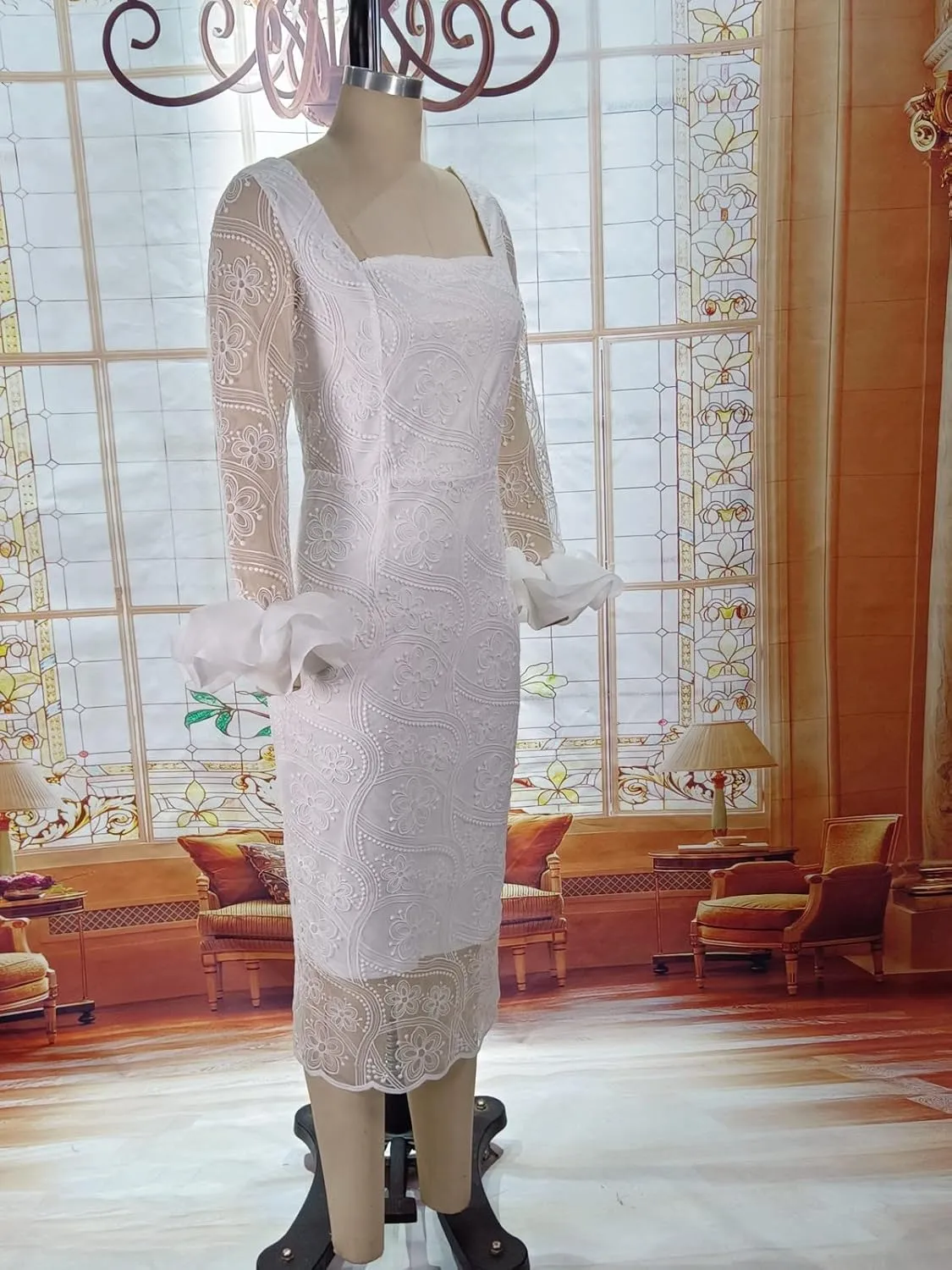 Women's Sexy Floral Lace Long Sleeve Elegant Bodycon Midi Dress Formal Party Cocktail Dress