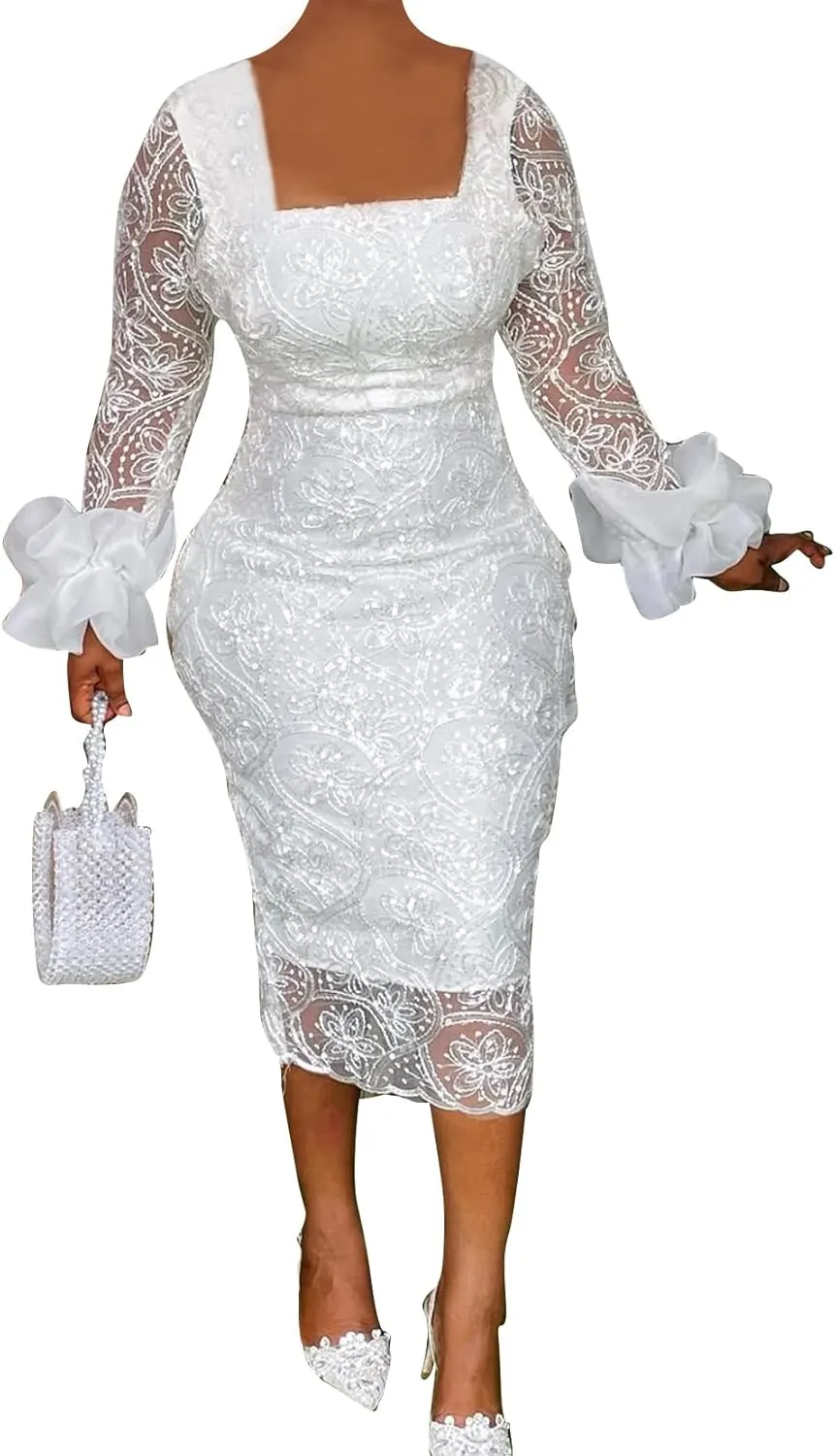 Women's Sexy Floral Lace Long Sleeve Elegant Bodycon Midi Dress Formal Party Cocktail Dress