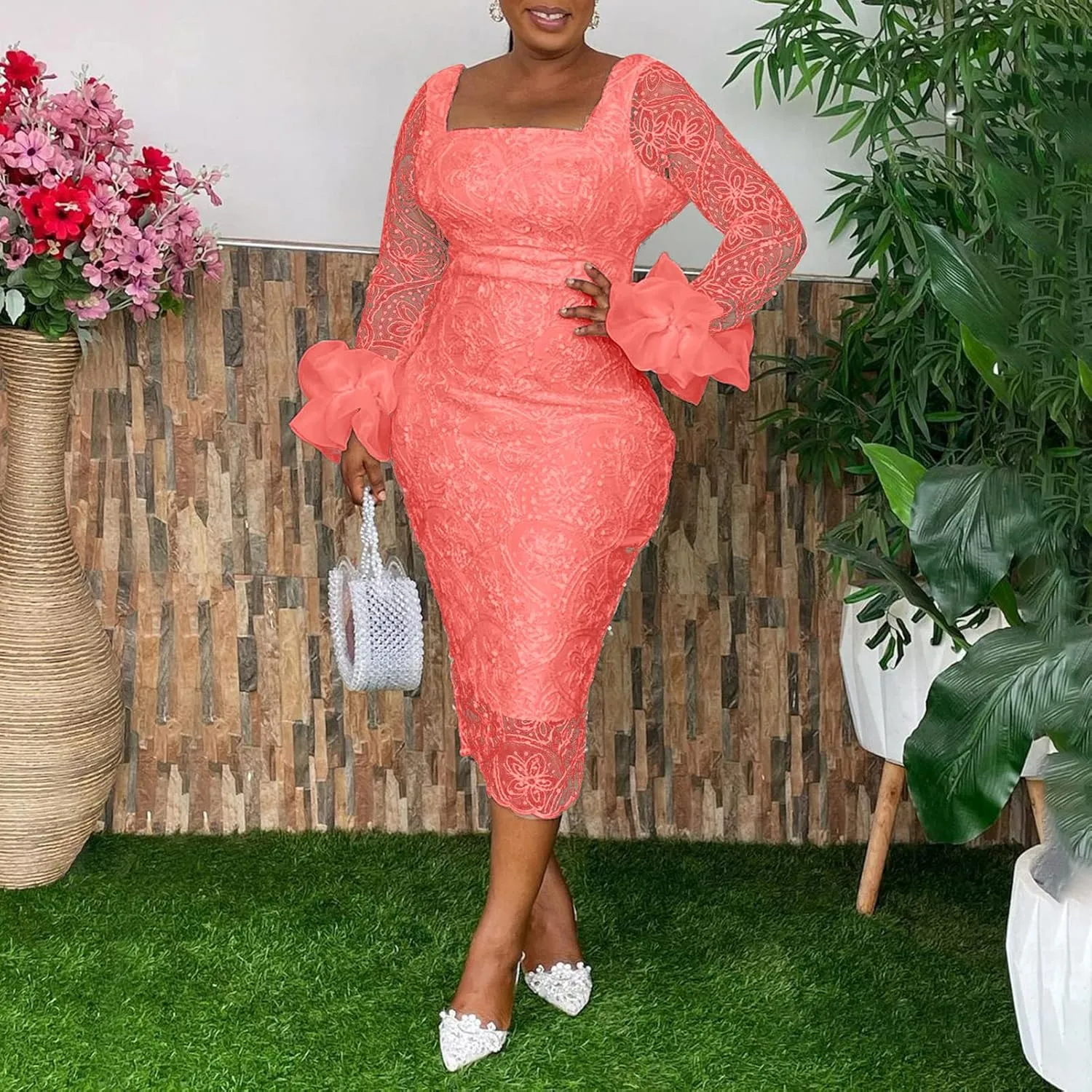Women's Sexy Floral Lace Long Sleeve Elegant Bodycon Midi Dress Formal Party Cocktail Dress