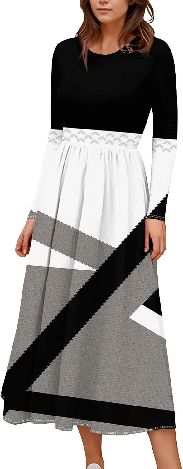 Womens Spring Dresses 2025 V Neck Long Sleeve Midi Modest Boho Vacation Work Swing Office Dress