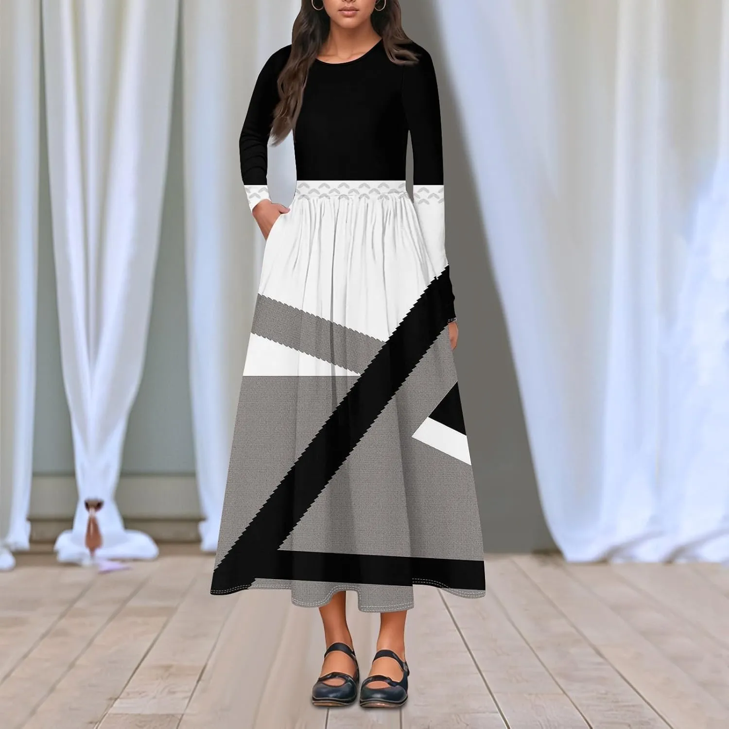 Womens Spring Dresses 2025 V Neck Long Sleeve Midi Modest Boho Vacation Work Swing Office Dress