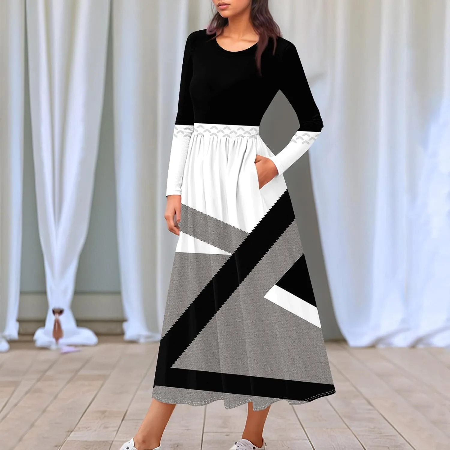 Womens Spring Dresses 2025 V Neck Long Sleeve Midi Modest Boho Vacation Work Swing Office Dress