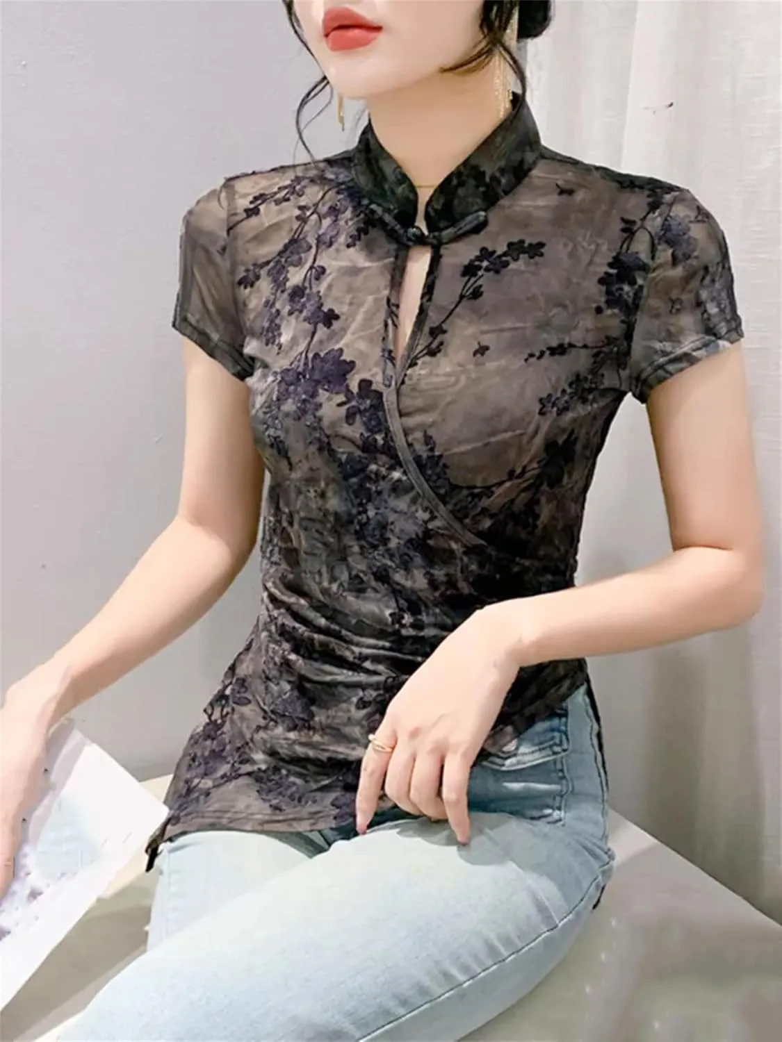 Women's Stretchy Mandarin Collar T-Shirt Breathable Summer Irregular Tee Cap Sleeve Hollow Wedding Guest Outfit
