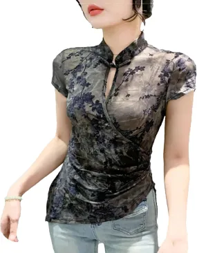 Women's Stretchy Mandarin Collar T-Shirt Breathable Summer Irregular Tee Cap Sleeve Hollow Wedding Guest Outfit