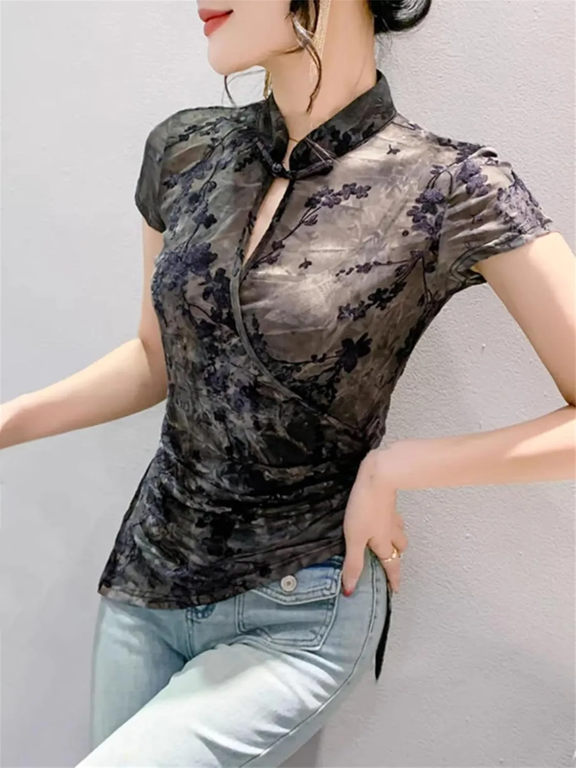 Women's Stretchy Mandarin Collar T-Shirt Breathable Summer Irregular Tee Cap Sleeve Hollow Wedding Guest Outfit