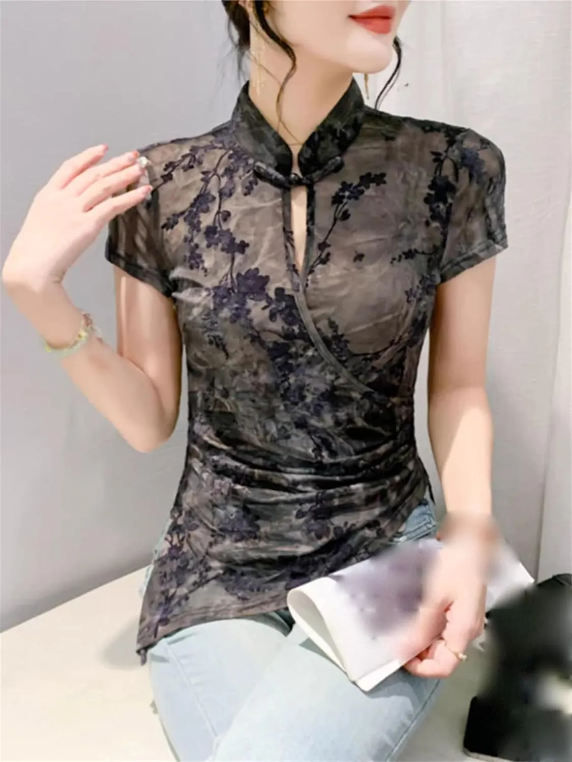 Women's Stretchy Mandarin Collar T-Shirt Breathable Summer Irregular Tee Cap Sleeve Hollow Wedding Guest Outfit
