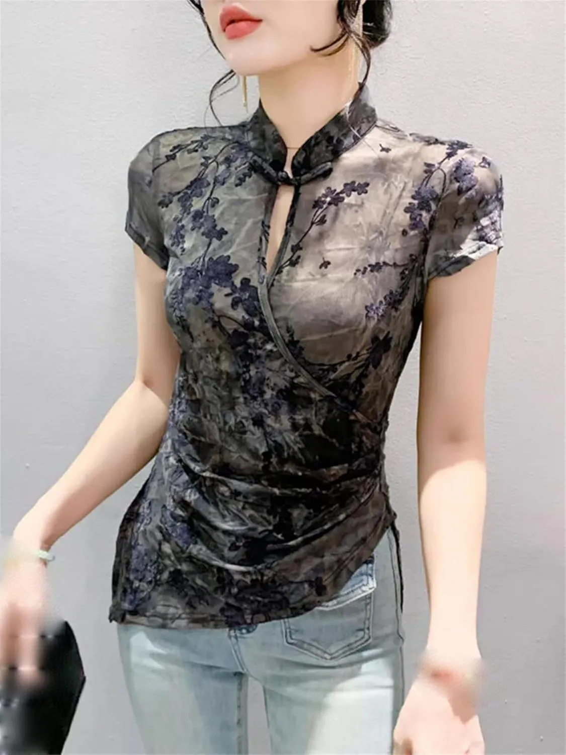 Women's Stretchy Mandarin Collar T-Shirt Breathable Summer Irregular Tee Cap Sleeve Hollow Wedding Guest Outfit