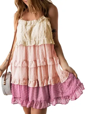 Women's Summer Casual Spaghetti Strap Dress Color Block Swiss Dot Flowy Tiered Ruffle Babydoll Mini Dress