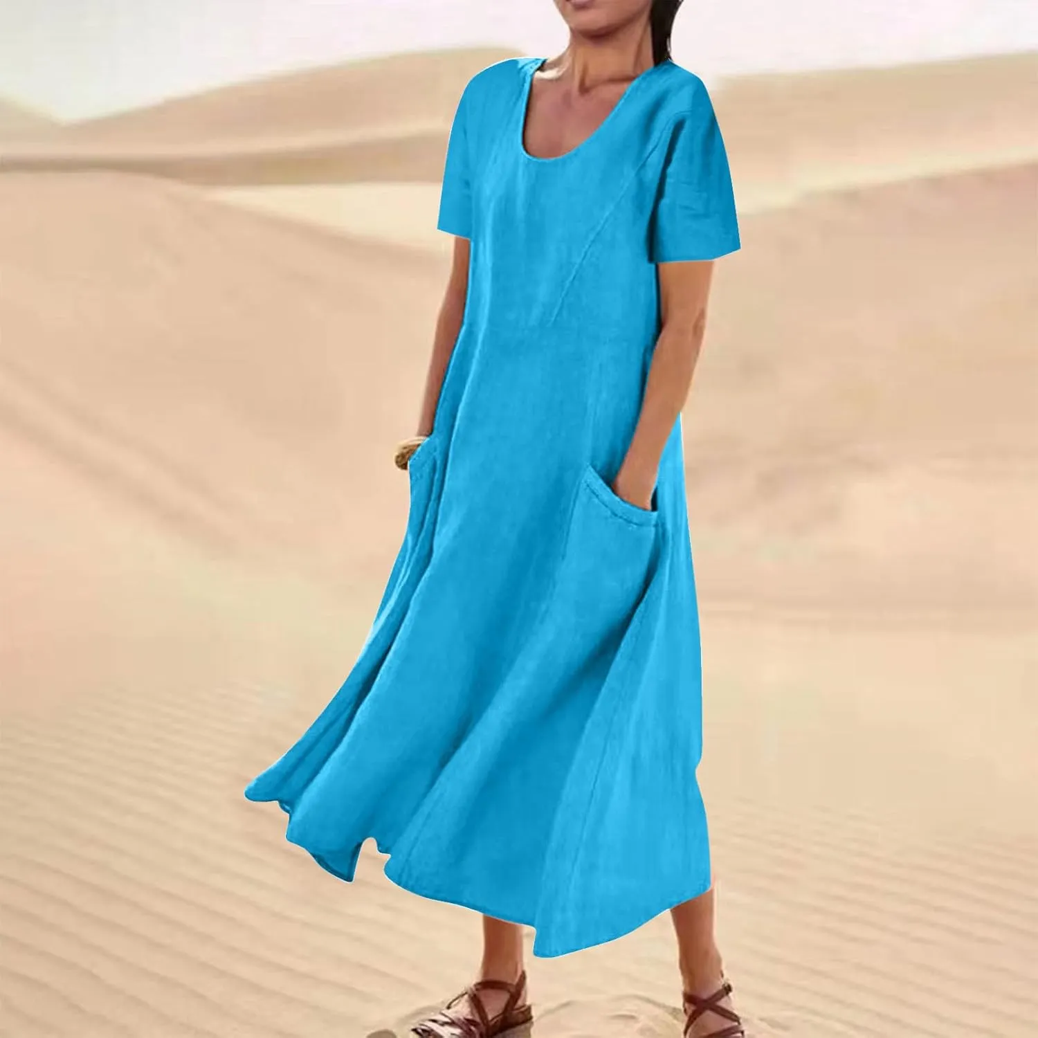Women's Summer Cotton Linen Midi Dress 2025 Vacation Short Sleeve Scoop Neck Flowy Dresses Loose Comfy Beach Sundress