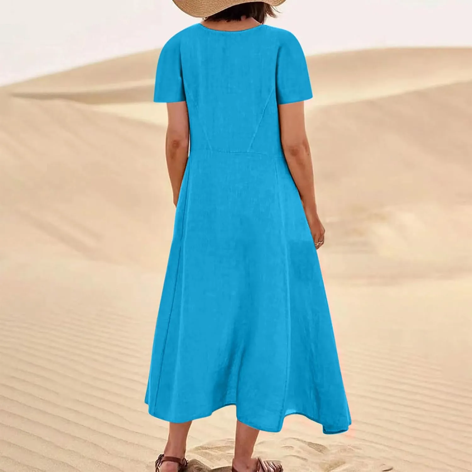 Women's Summer Cotton Linen Midi Dress 2025 Vacation Short Sleeve Scoop Neck Flowy Dresses Loose Comfy Beach Sundress