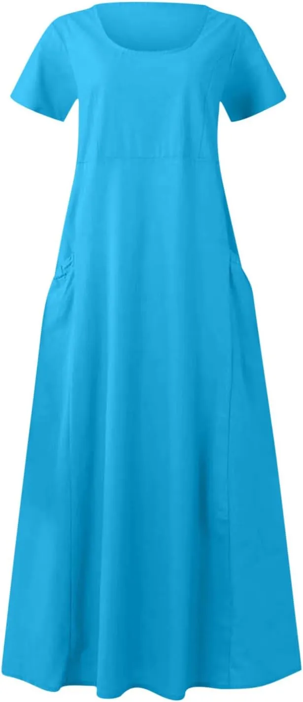 Women's Summer Cotton Linen Midi Dress 2025 Vacation Short Sleeve Scoop Neck Flowy Dresses Loose Comfy Beach Sundress