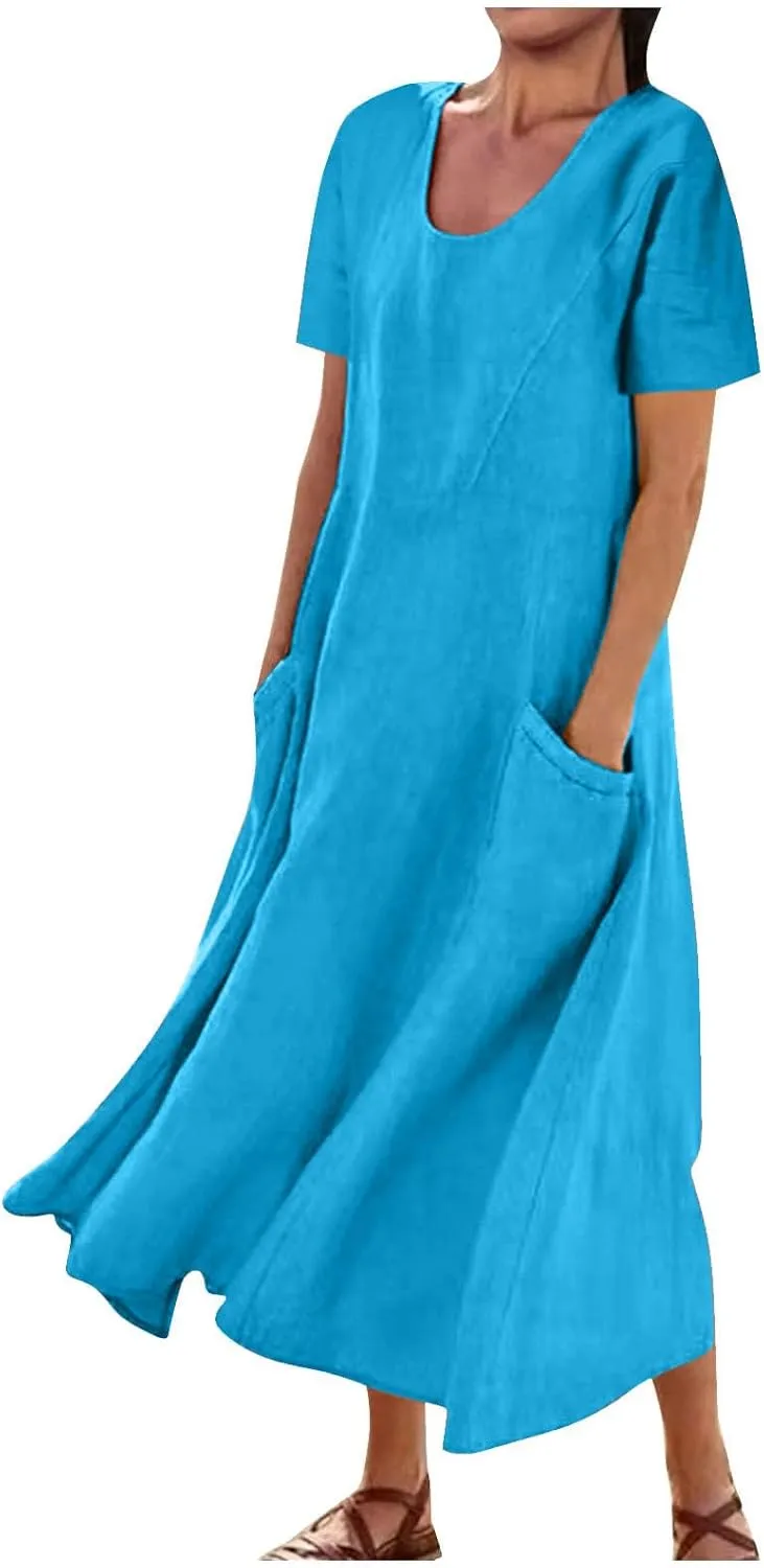 Women's Summer Cotton Linen Midi Dress 2025 Vacation Short Sleeve Scoop Neck Flowy Dresses Loose Comfy Beach Sundress