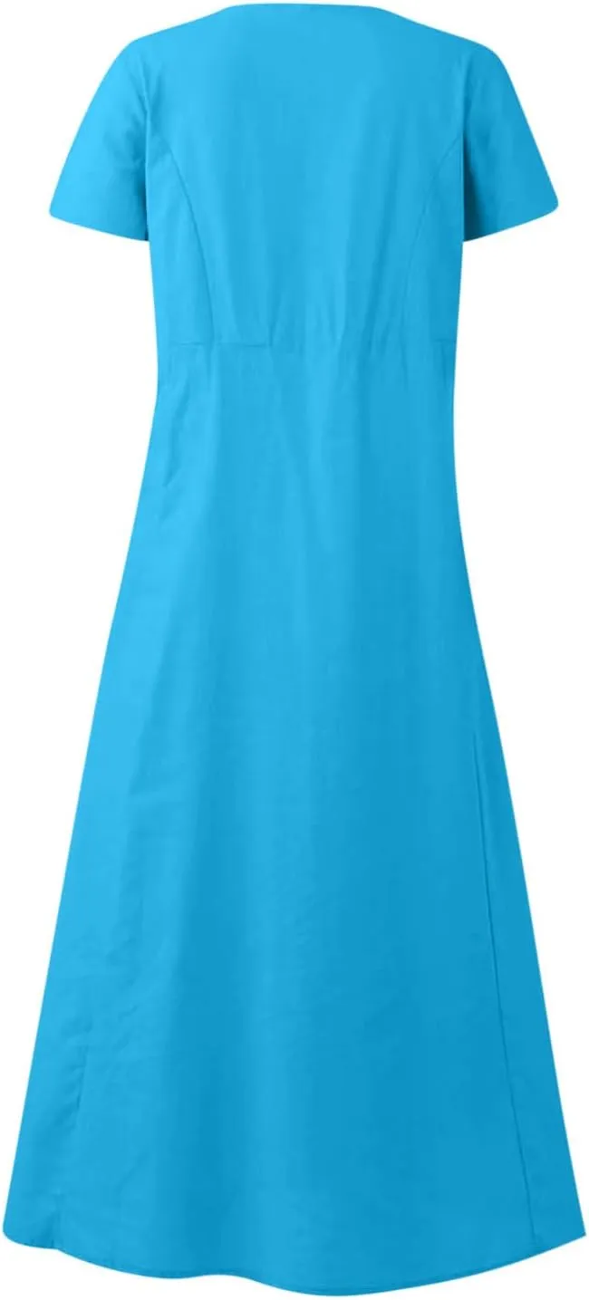 Women's Summer Cotton Linen Midi Dress 2025 Vacation Short Sleeve Scoop Neck Flowy Dresses Loose Comfy Beach Sundress