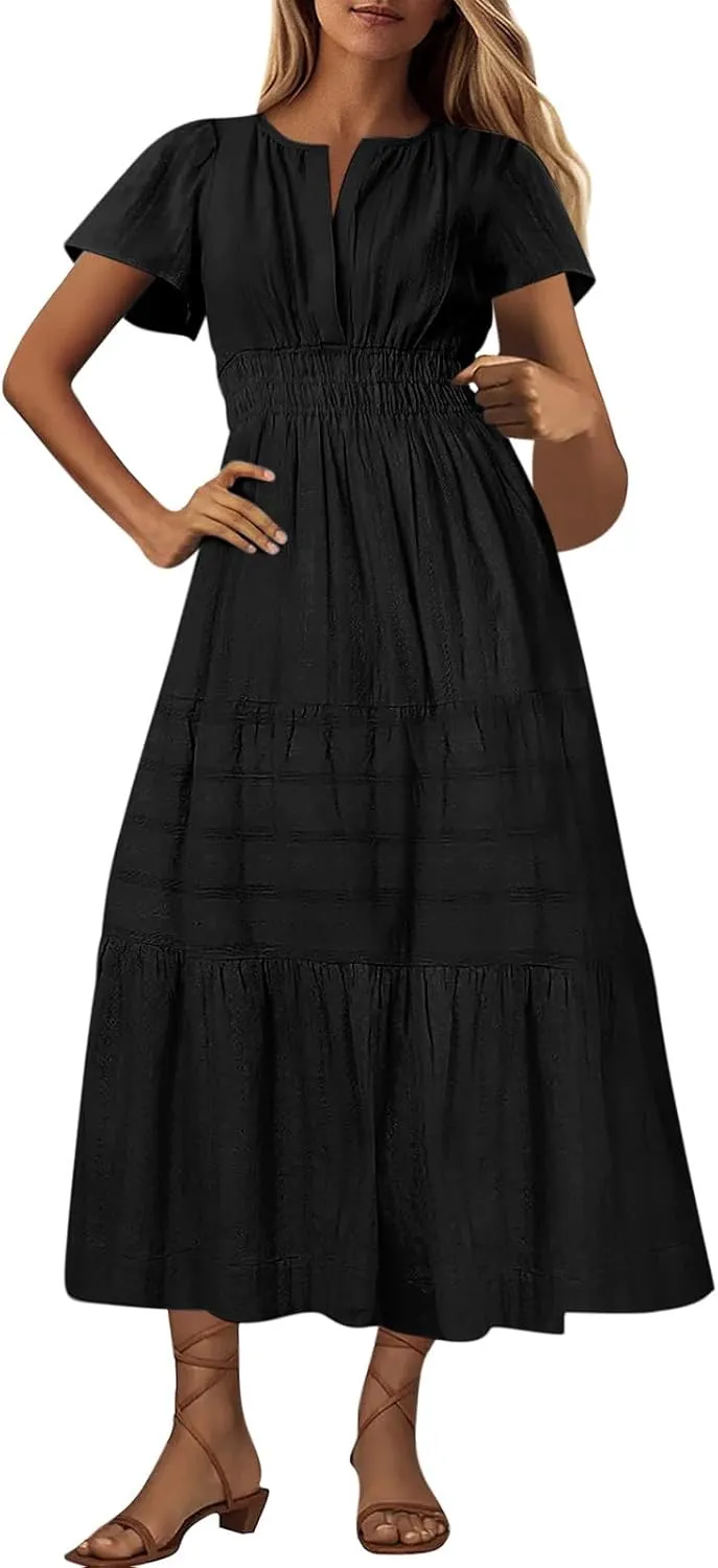 Womens Summer Dresses Casual Short Sleeve V Neck Boho Sundress Tiered Ruffle A-Line Beach Maxi Dress with Pockets