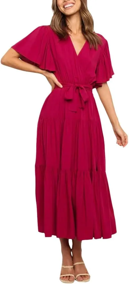 Women's Summer Floral Boho Dress Wrap V Neck Short Sleeve Ruffle A Line Flowy Maxi Wedding Guest Dresses