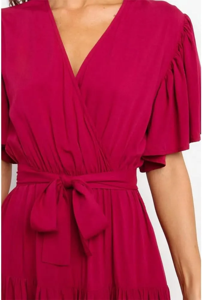 Women's Summer Floral Boho Dress Wrap V Neck Short Sleeve Ruffle A Line Flowy Maxi Wedding Guest Dresses