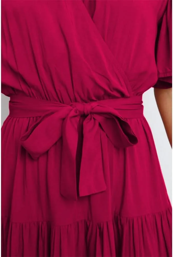 Women's Summer Floral Boho Dress Wrap V Neck Short Sleeve Ruffle A Line Flowy Maxi Wedding Guest Dresses