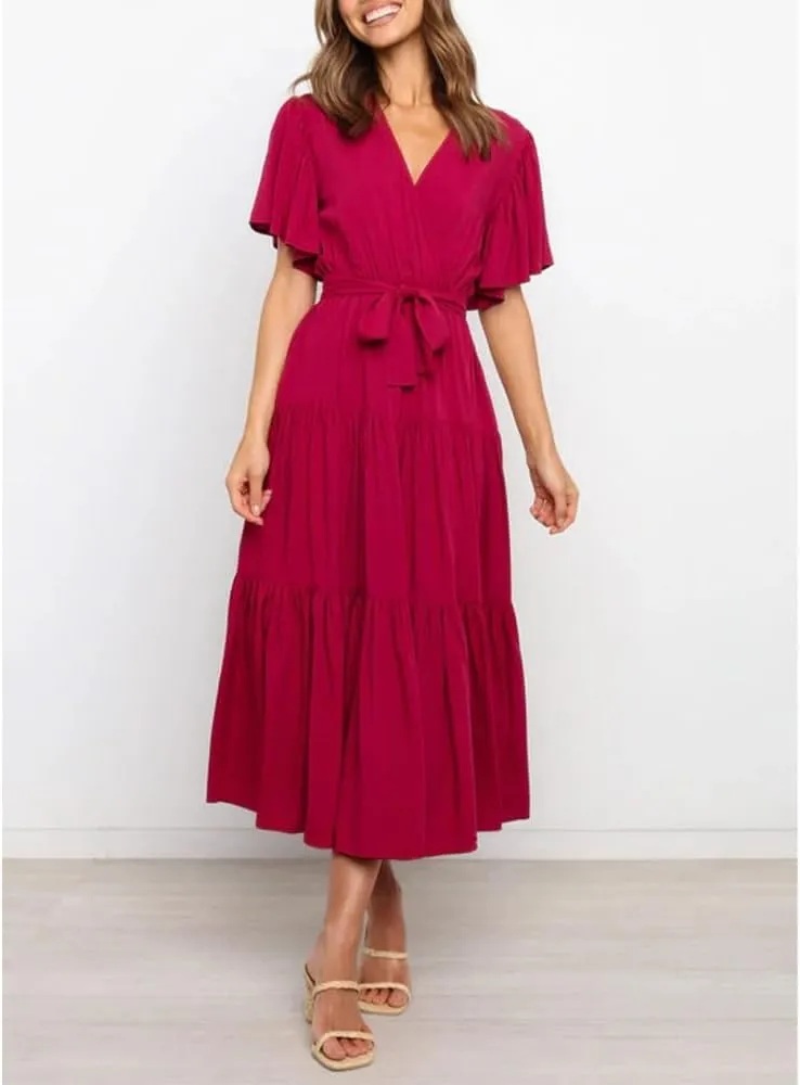 Women's Summer Floral Boho Dress Wrap V Neck Short Sleeve Ruffle A Line Flowy Maxi Wedding Guest Dresses