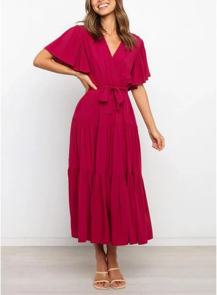 Women's Summer Floral Boho Dress Wrap V Neck Short Sleeve Ruffle A Line Flowy Maxi Wedding Guest Dresses