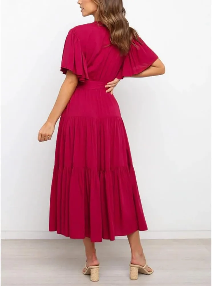 Women's Summer Floral Boho Dress Wrap V Neck Short Sleeve Ruffle A Line Flowy Maxi Wedding Guest Dresses