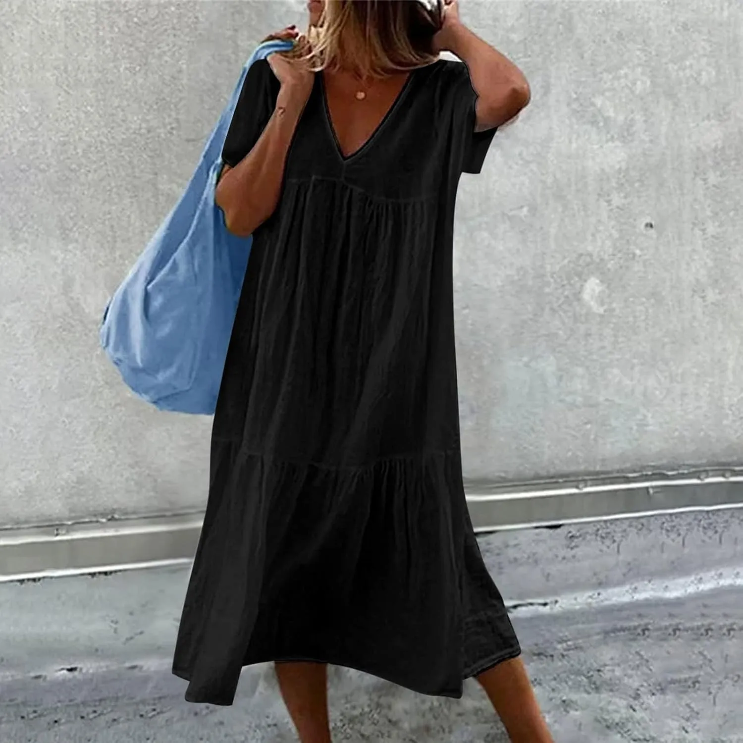 Women's Summer Short Sleeve Casual Dresses V-Neck Linen Loose Flowy Swing Maxi Dress Cute Boho Beach Elegant Sundress