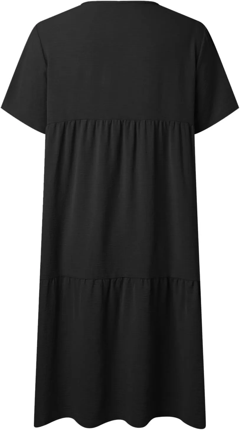 Women's Summer Short Sleeve Casual Dresses V-Neck Linen Loose Flowy Swing Maxi Dress Cute Boho Beach Elegant Sundress