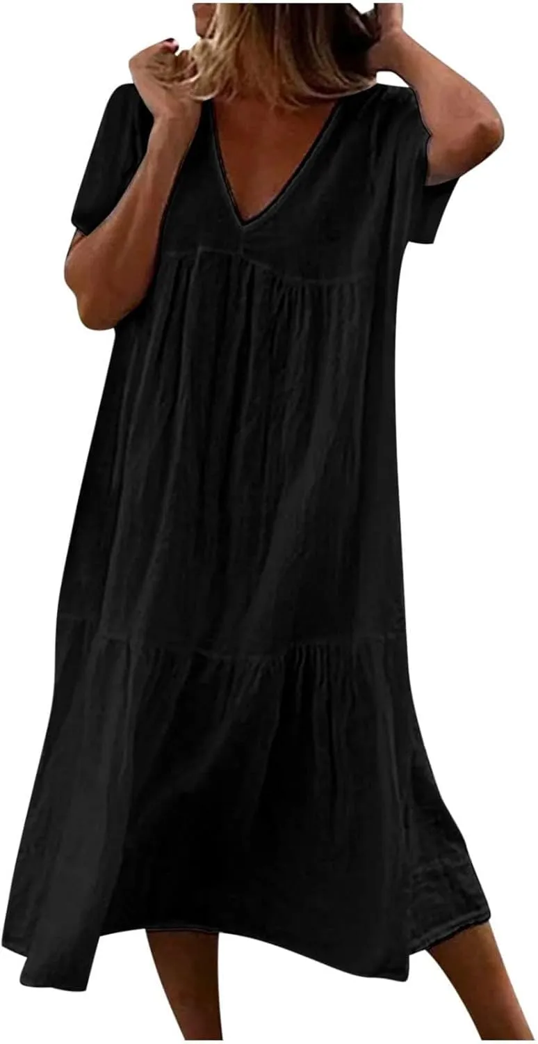 Women's Summer Short Sleeve Casual Dresses V-Neck Linen Loose Flowy Swing Maxi Dress Cute Boho Beach Elegant Sundress