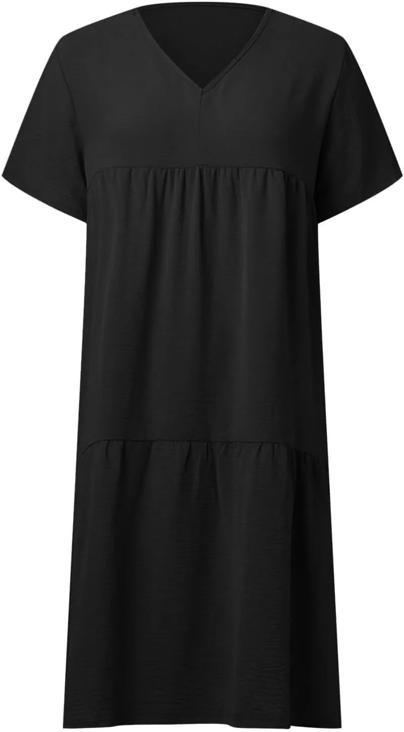 Women's Summer Short Sleeve Casual Dresses V-Neck Linen Loose Flowy Swing Maxi Dress Cute Boho Beach Elegant Sundress