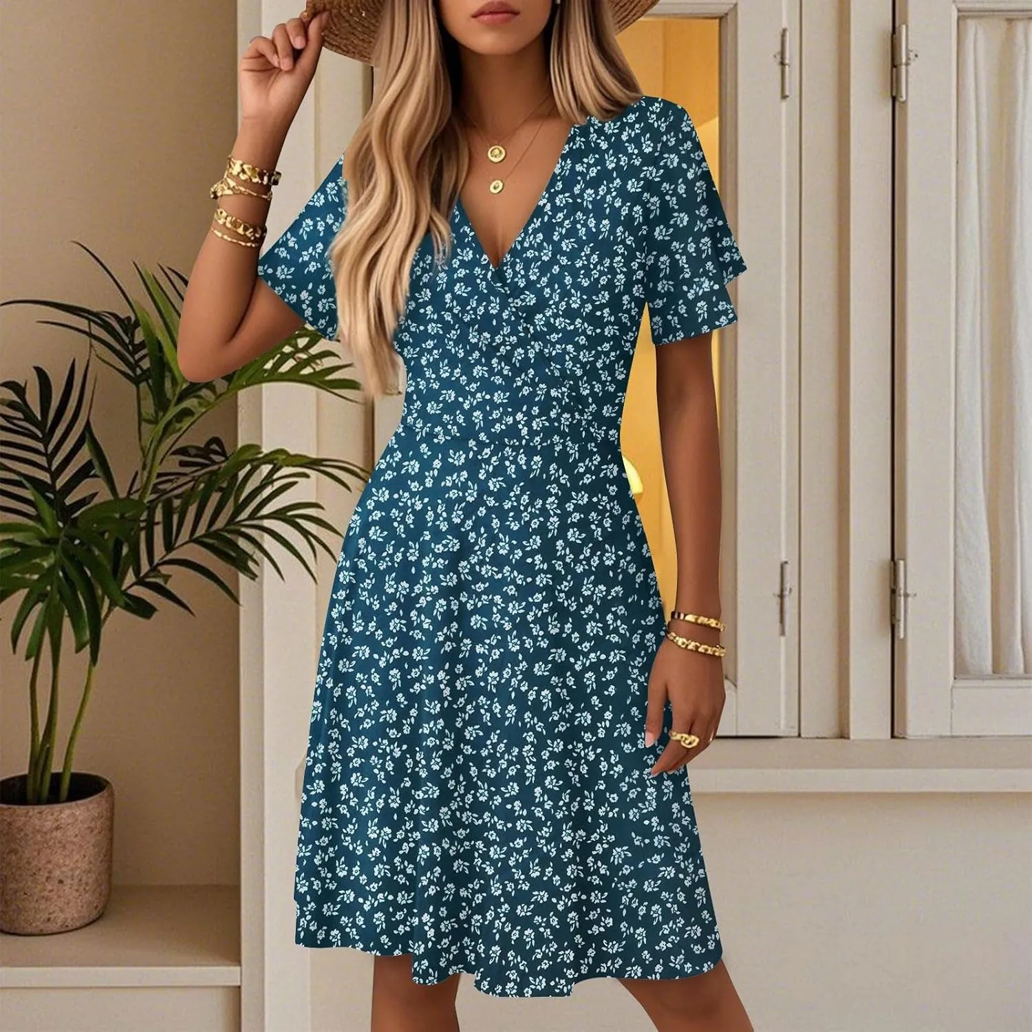 Womens Sundress Summer Floral Short Sleeve Wrap V Neck A-Line Casual Beach Midi Vaction Boho Dress
