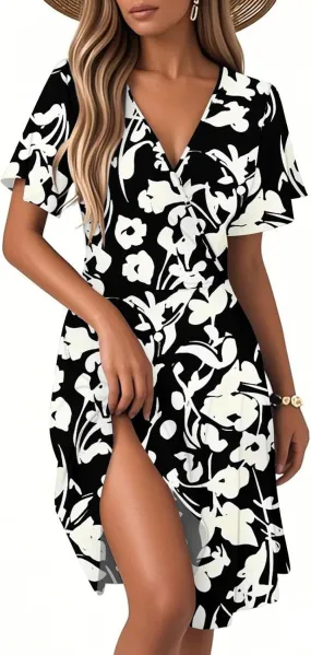 Womens Sundress Summer Floral Short Sleeve Wrap V Neck A-Line Casual Beach Midi Vaction Boho Dress