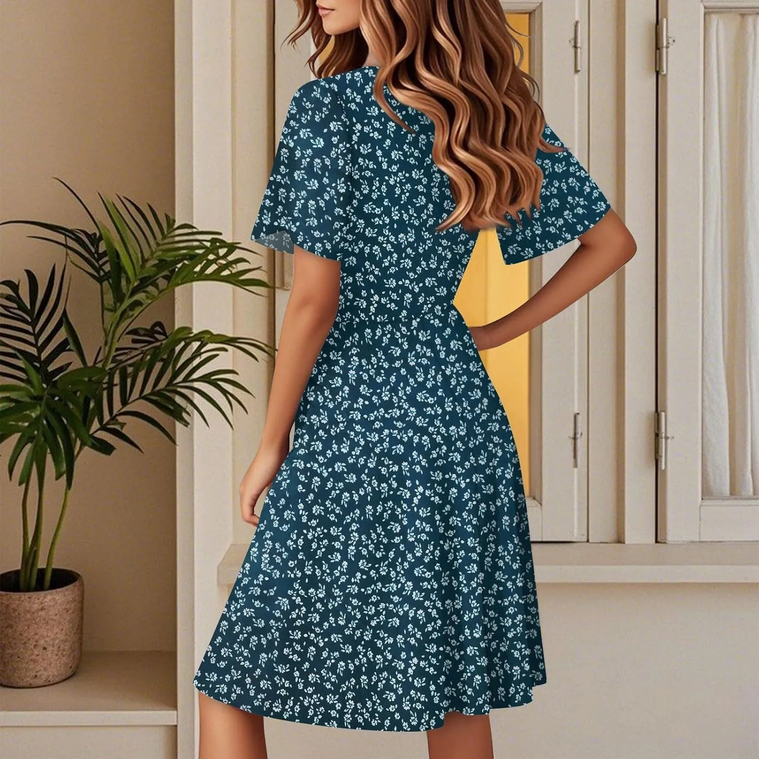 Womens Sundress Summer Floral Short Sleeve Wrap V Neck A-Line Casual Beach Midi Vaction Boho Dress