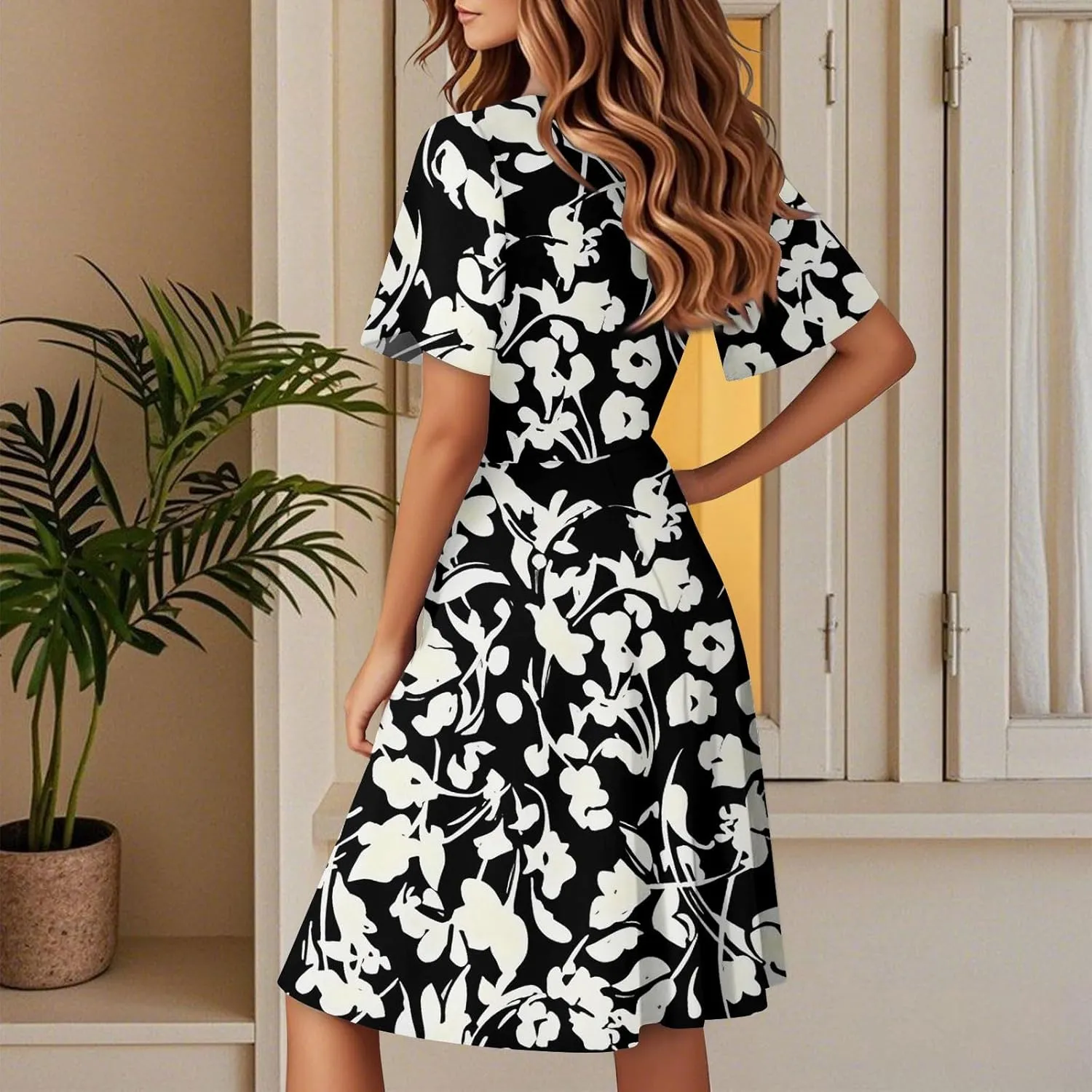 Womens Sundress Summer Floral Short Sleeve Wrap V Neck A-Line Casual Beach Midi Vaction Boho Dress