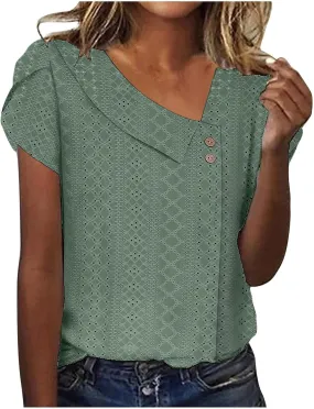 Womens T Shirts Casual Slanted Button Hollow Puff Sleeve Tunic Tops Summer Breathable Travel Vacation Streetwear 2025