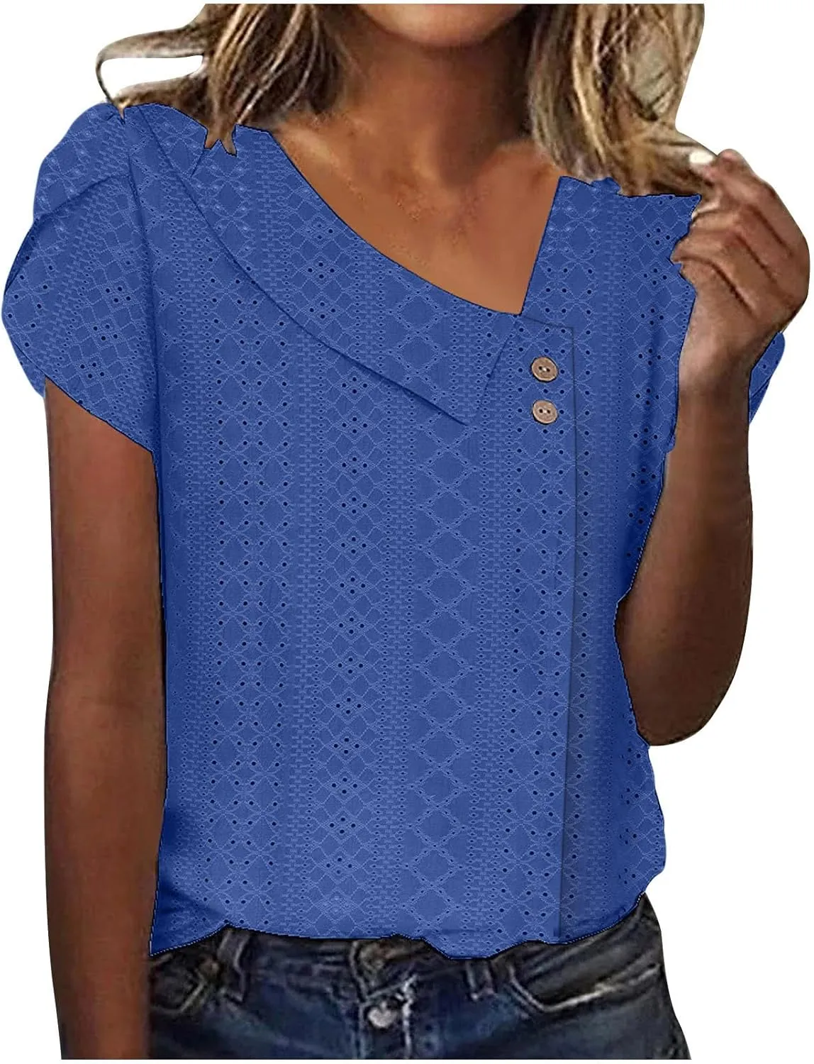 Womens T Shirts Casual Slanted Button Hollow Puff Sleeve Tunic Tops Summer Breathable Travel Vacation Streetwear 2025