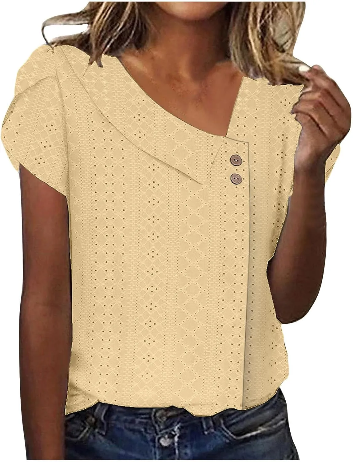 Womens T Shirts Casual Slanted Button Hollow Puff Sleeve Tunic Tops Summer Breathable Travel Vacation Streetwear 2025