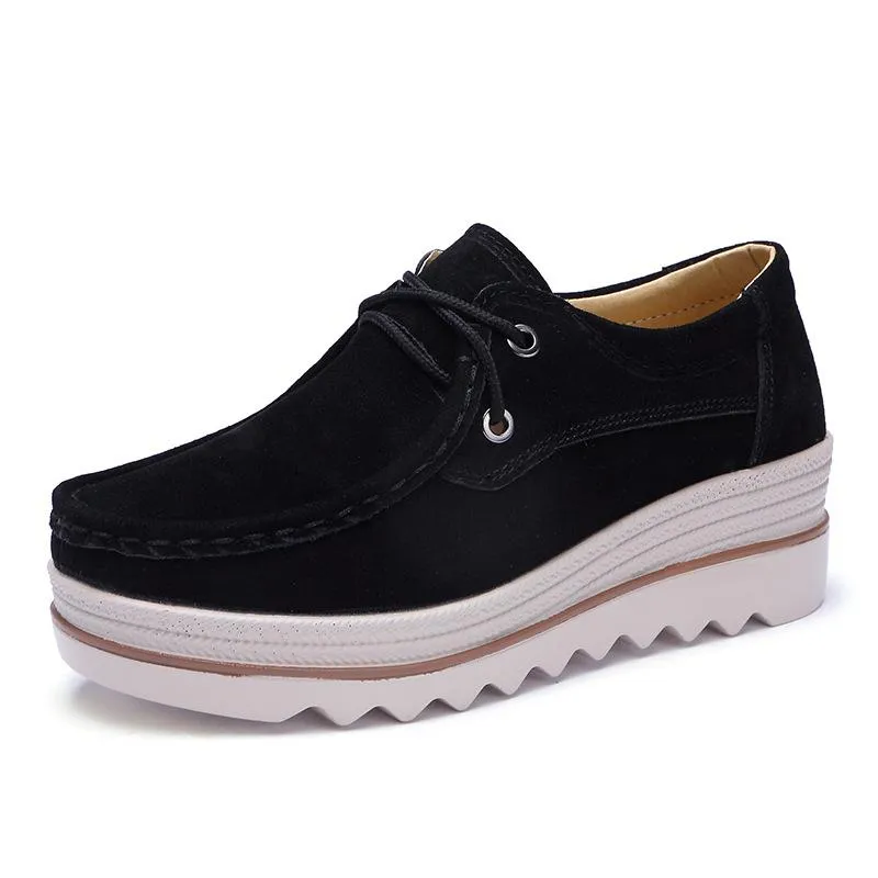 Women's thick platform slip on loafers shoes font-lace comfy walking